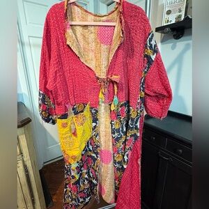 Bohemian Patchwork Kimono Robe - Red Multicolor